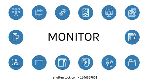 Monitor Simple Icons Set. Contains Such Icons As Design, Screen, Blood Pressure, Hard Disk, Ebook, Laptop, Desk, Hard Drive, Elearning, Designer, Can Be Used For Web, Mobile And Logo