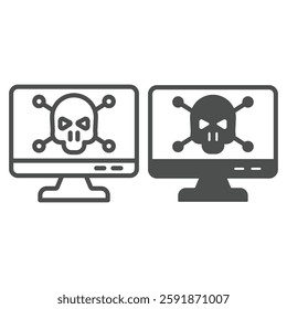 Monitor with skull and bones line and solid icon, hacker attacks concept. Vector graphics. Infected by virus, computer display sign on white background, outline style icon for mobile or web design