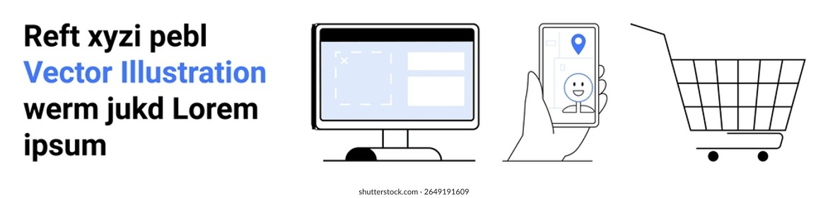Monitor, smartphone with location icon, and shopping cart symbolize digital communication, online shopping, and connectivity. Ideal for tech presentations, e-commerce, mobile apps, online marketing