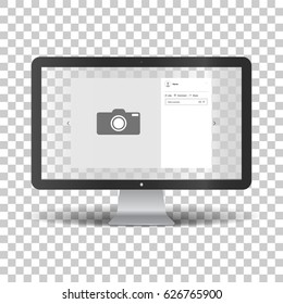 Monitor with social network photo frame on transparent background. Template framework. Insert your picture. Vector illustration.