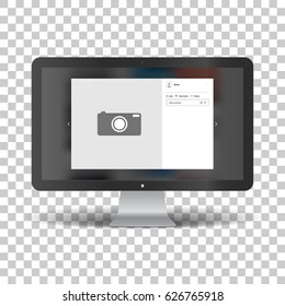 Monitor with social network photo frame on transparent background. Template framework. Insert your picture. Vector illustration.