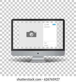Monitor with social network photo frame on transparent background. Template framework. Insert your picture. Vector illustration.