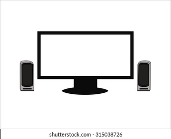the monitor and speakers on white background