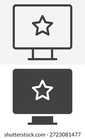 Monitor con estrella de diferente estilo conjunto de iconos. Limpie la línea, el contorno y el símbolo de Vector de trazo editable y el símbolo para el icono de contenido destacado.