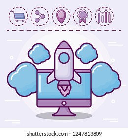 monitor with startup rocket and set icons