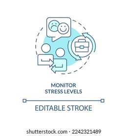 Icono de concepto de niveles de estrés de monitor de color turquesa. Conservar empleados durante las fusiones abstract idea ilustración de línea delgada. Dibujo de contorno aislado. Trazo editable. Fuentes Arial, Myriad Pro-Bold utilizadas