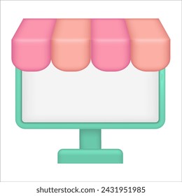 Monitor with strip awning, Online store. concept with icons of buying product via online shop and e-commerce