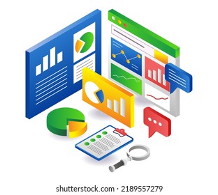 Monitor successful investment business data analysis in isometric illustration