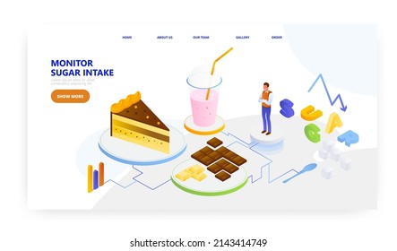 Monitorear la ingesta de azúcar, el diseño de la página de aterrizaje, la plantilla del vector banner del sitio web. Seguir el consumo de azúcar. Atención de la salud.