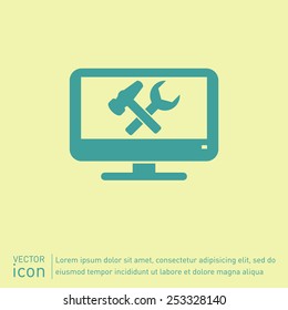 monitor with symbol symbol settings. hammer and wrench, icon computer settings
