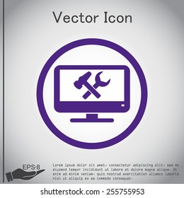 monitor with symbol symbol settings. hammer and wrench, icon computer settings