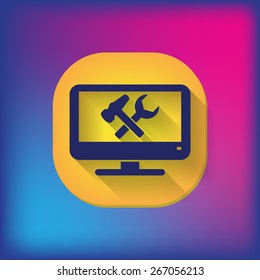 monitor with symbol symbol settings. hammer and wrench, icon computer settings