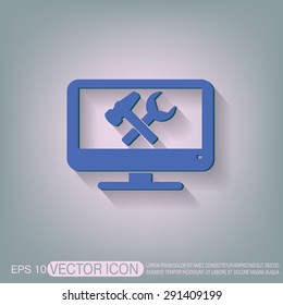 monitor with symbol symbol settings. hammer and wrench, icon computer settings