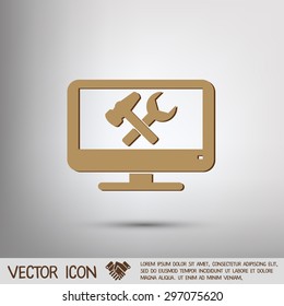monitor with symbol symbol settings. hammer and wrench, icon computer settings