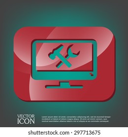 monitor with symbol symbol settings. hammer and wrench, icon computer settings