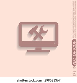 monitor with symbol settings. hammer and wrench, icon computer settings