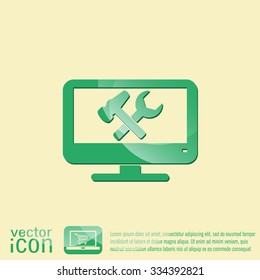 monitor with symbol symbol settings. hammer and wrench, icon computer settings