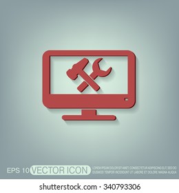 monitor with symbol symbol settings. hammer and wrench, icon computer settings