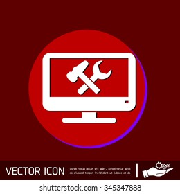 monitor with symbol symbol settings. hammer and wrench, icon computer settings