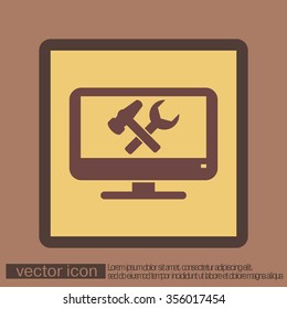 monitor with symbol symbol settings. hammer and wrench, icon computer settings