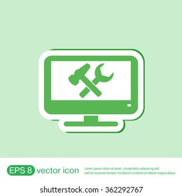 monitor with symbol symbol settings. hammer and wrench, icon computer settings