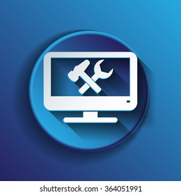 monitor with symbol symbol settings. hammer and wrench, icon computer settings