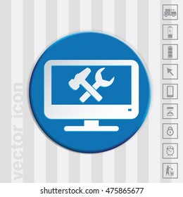 monitor with symbol symbol settings. hammer and wrench, icon computer settings