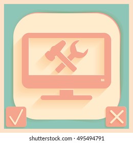 monitor with symbol symbol settings. hammer and wrench, icon computer settings
