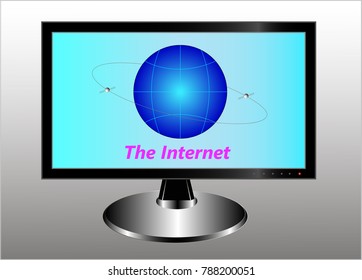 A monitor with a symbolic globe, two communication satellites in the geostationary orbit and an inscription Internet.