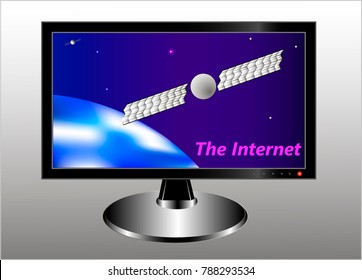 A monitor with a symbolic image of the earth, a communication satellite in the geostationary orbit, a starry sky and an inscription Internet. Vector illustration.
