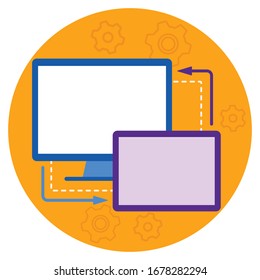Monitor and tablet against the background of an orange circle with arrows with empty monitors, mockups for inscriptions and logos, cooperation and integration of software, Internet connection eps 10