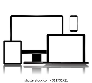 Monitor Tablet Laptop Smartphone Computer Set. Realistic vector illustration.