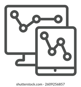 Monitor and tablet screen with chart line icon, neural dataset concept. Vector graphics. Displays with data graphs sign on white background, outline style icon for mobile or web design
