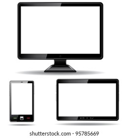 Monitor, tablet and smart phone isolated on white background