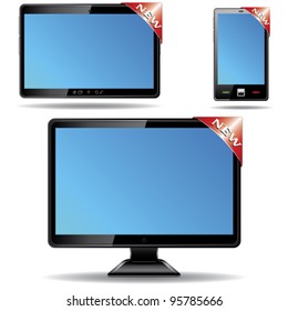 Monitor, tablet and smart phone with label isolated on white background