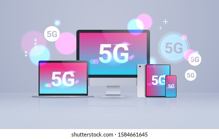 monitor tablet smartphone laptop screens 5G online communication network wireless systems connection cross platform concept fifth innovative generation of high speed internet flat horizontal vector