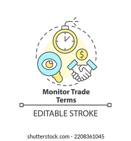 Monitor trade terms concept icon. Distributors payables. Managing prices abstract idea thin line illustration. Isolated outline drawing. Editable stroke. Arial, Myriad Pro-Bold fonts used
