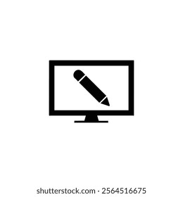 Monitor tv or computer with empty screen bold black silhouette icon isolated on white. Monitor tv with pencil.