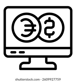 Monitor with two coins line icon, banking concept. Vector graphics. Display with money coins, computer sign on white background, style mobile or design