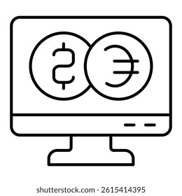 Monitor with two coins thin line icon, banking concept. Vector graphics. Display with coins app, screen sign on white background, linear style for mobile or design