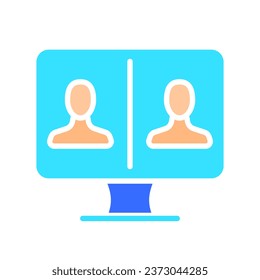 Monitor with two people line icon. Technology, screen, TV, computer, resolution, free time. Vector color icon on a white background for business and advertising.