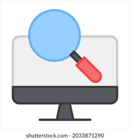 Monitor under magnifying glass, flat design of search computer