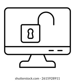 Monitor with unlocked lock thin line icon, hacker attacks concept. Vector graphics. Display unlocked, screen protection sign on white background, linear style for mobile or design