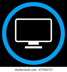 Monitor vector bicolor rounded icon. Image style is a flat icon symbol inside a circle, blue and white colors, black background.