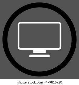 Monitor vector bicolor rounded icon. Image style is a flat icon symbol inside a circle, black and white colors, gray background.