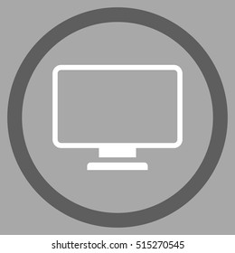 Monitor vector bicolor rounded icon. Image style is a flat icon symbol inside a circle, dark gray and white colors, silver background.