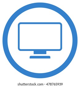 Monitor vector rounded icon. Image style is a flat icon symbol inside a circle, cobalt color, white background.