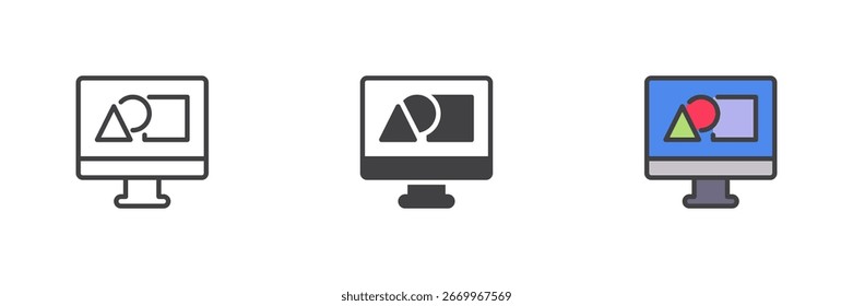 Monitor con Formas de Vector en la pantalla en diferentes conjunto de iconos de estilo. Versiones de contorno de línea, sólido y relleno. Signo y Vector del color para el diseño, icono de la composición.