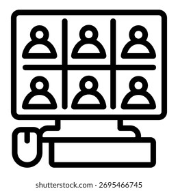 Monitor with video conference app line icon, remote work concept, PC, keyboard, mouse vector sign on white background, outline style icon for mobile concept and web design. Vector graphics