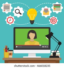Monitor with video online webinar on the screen. Vector flat illustration.